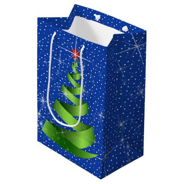 Sparkling Green Ribbon Weihnachtsbaum Mittlere Geschenktüte (Vorderseite Schrägansicht)