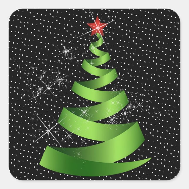 Sparkling Green Ribbon Weihnachtsbaum Quadratischer Aufkleber (Vorderseite)