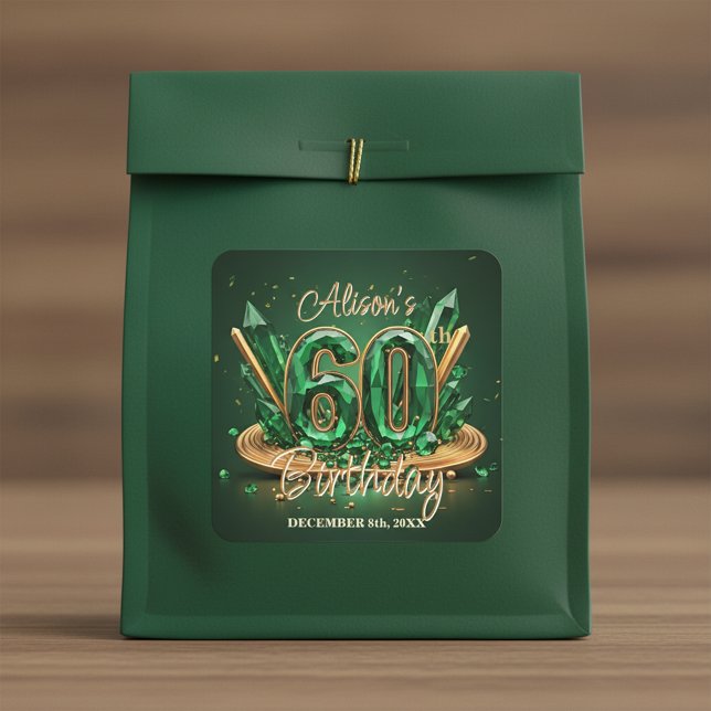 Sparkling Luxury Emerald Green Gold 60th Birthday Quadratischer Aufkleber (Von Creator hochgeladen)