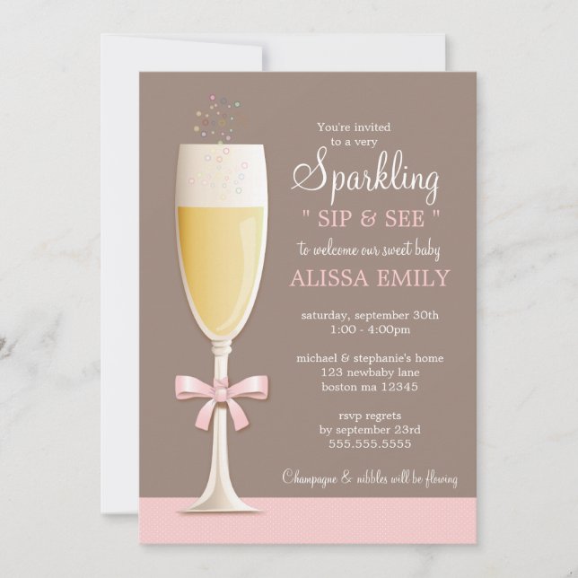 Sparkling New Baby Girl Sip and See Invitation (Devant)