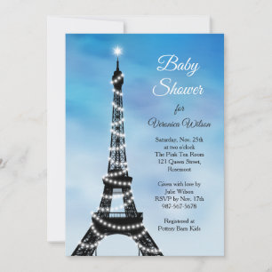 Sparkling Parisian Baby Shower Einladung blau
