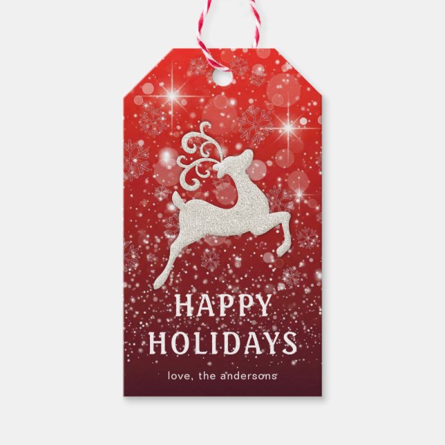 Sparkling Red Background White Reindeer Luxury Geschenkanhänger (Vorderseite)