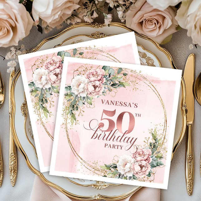 Sparkling Rose Gold Blush Flowers 50th Birthday  Serviette (Sparkling Rose Gold Blush Flowers 50th Birthday Dinner Napkins

)
