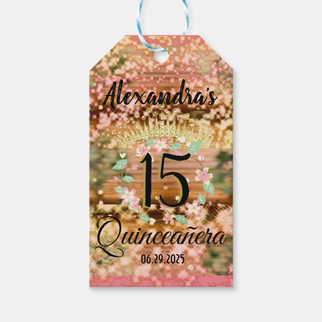 Sparkling Rose Gold Quinceñera Prinzessin Spanisch Geschenkanhänger (Vorderseite)