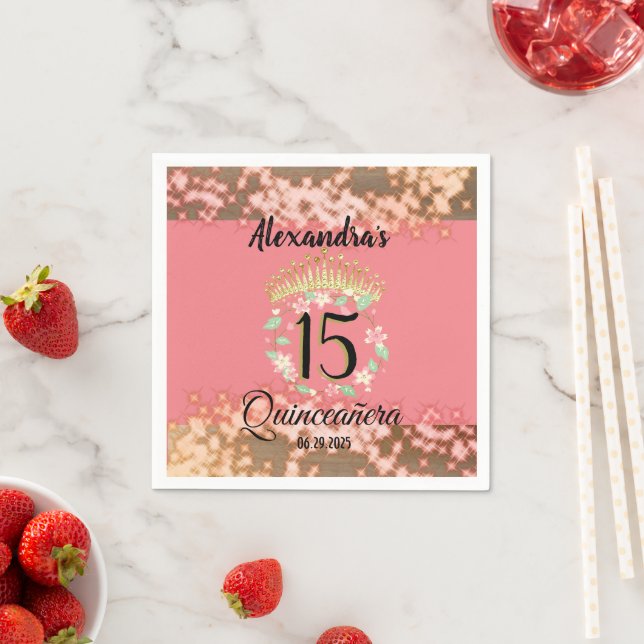 Sparkling Rose Gold Quinceñera Prinzessin Spanisch Serviette (Beispiel)