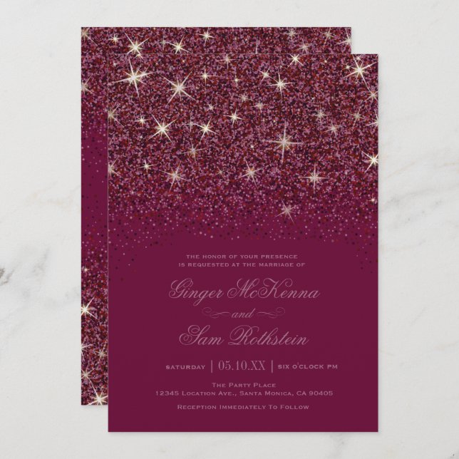 Sparkling Ruby Glitzer Hochzeitseinladungen Einladung (Vorne/Hinten)