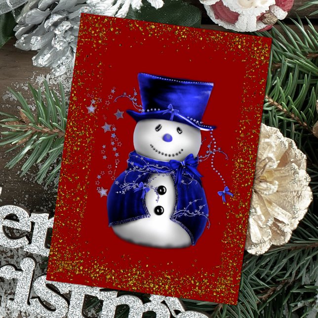 Sparkling Snowman in Blue Velvet Christmas Karte (Sparkling Snowman in Blue Velvet Christmas Card by the Olde Christmas Shoppe)