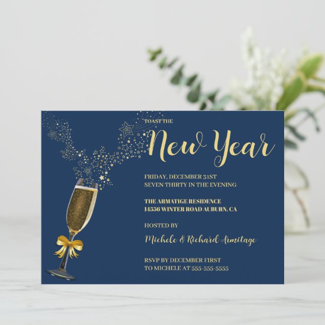 Sparkling Wein Neujahr Einladung (Stehend Vorderseite)