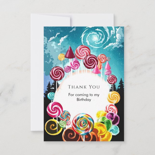 Sparkling Whimsical Candyland Birthday Dankeskarte (Vorderseite)