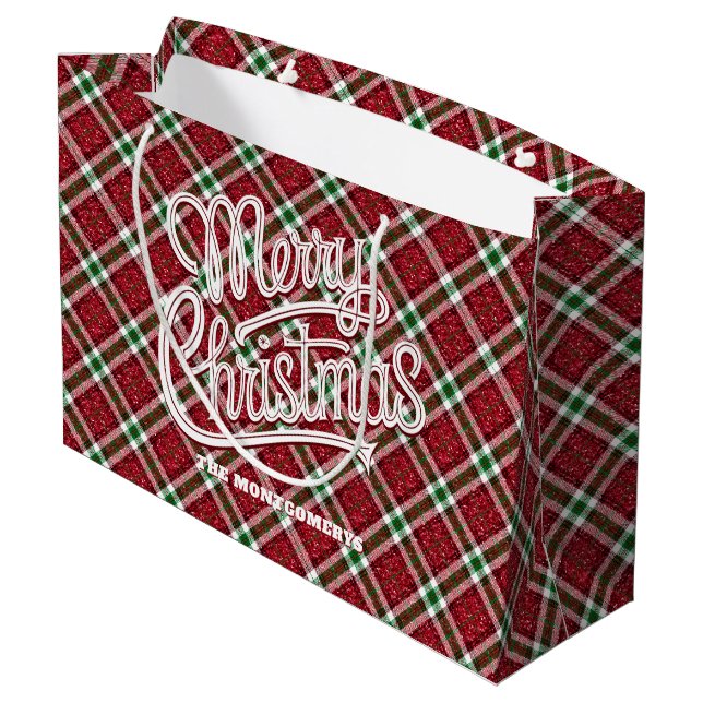 Sparkly Christmas Plaid  Große Geschenktüte (Rückseite Schrägansicht)