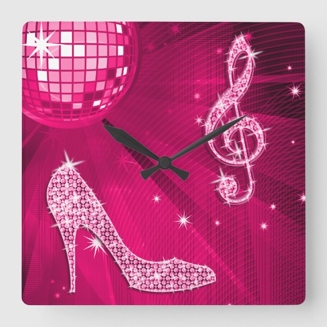 Sparkly Hot Pink Music Note & Stiletto Heel Quadratische Wanduhr (Vorderseite)