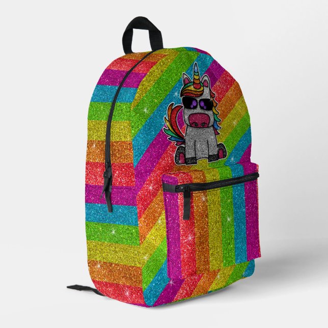 Sparkly LGBT Pride Sparkle Rainbow Glitter Unicorn Bedruckter Rucksack (Rückseitige Ecke links)