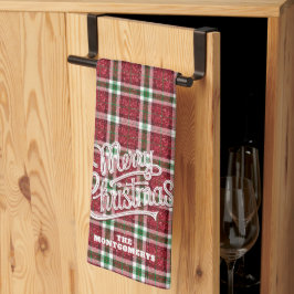 Sparkly Merry Christmas Plaid Family Name Geschirrtuch