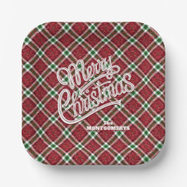 Sparkly Merry Christmas Plaid Square Pappteller