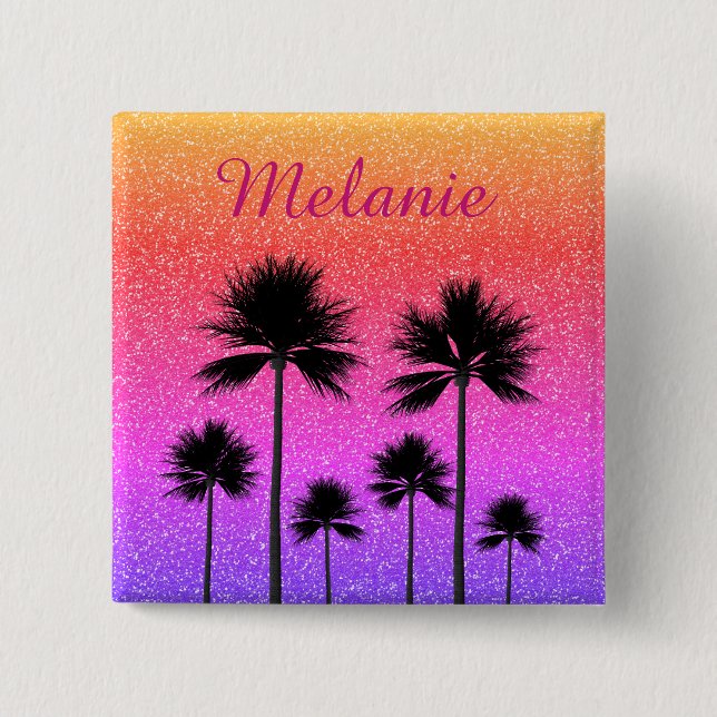 Sparkly Palm Trees Gradient Sunset Personalised Button (Vorderseite)