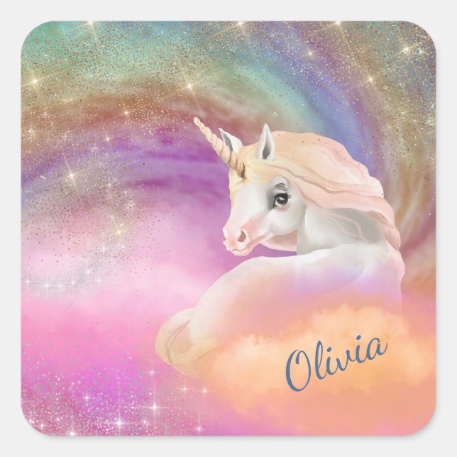 Sparkly Rainbow Universe Unicorn Quadratischer Aufkleber (Vorderseite)