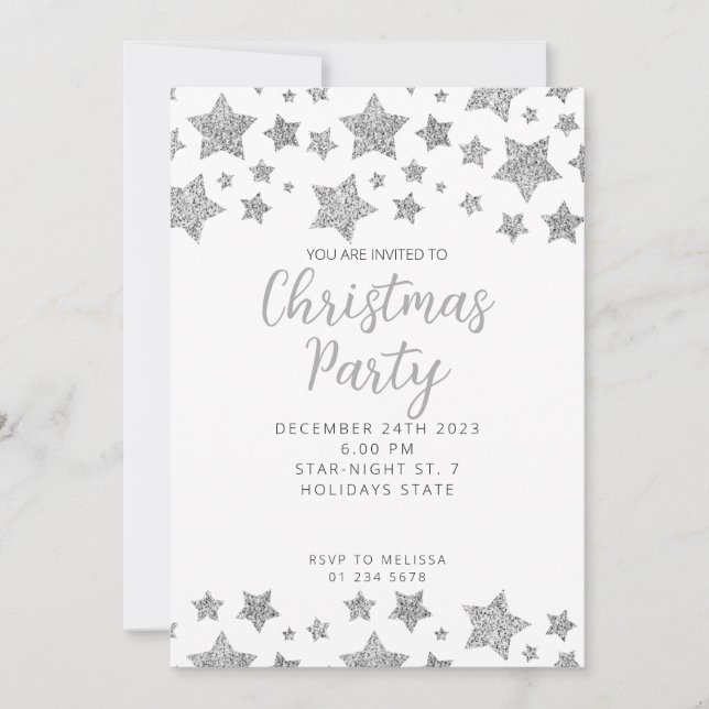 Sparkly Silver Stars Christmas party white Einladung (Vorderseite)