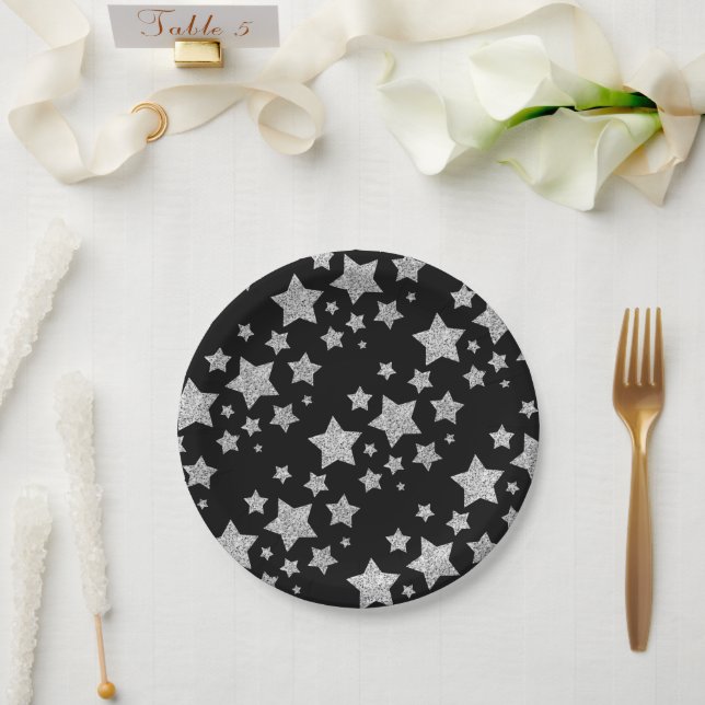 Sparkly Silver Stars Christmas pattern black Pappteller (Hochzeit)