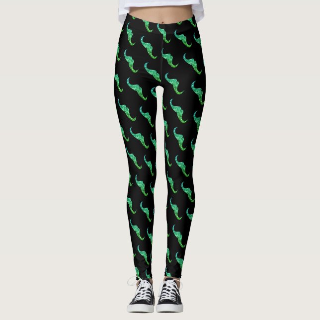 Sparkly teal green ombre Mustache pattern black Leggings (Vorderseite)