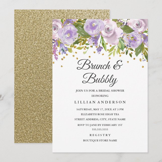 Sparkor Lila Brunch und Bubbly Einladung (Vorne/Hinten)