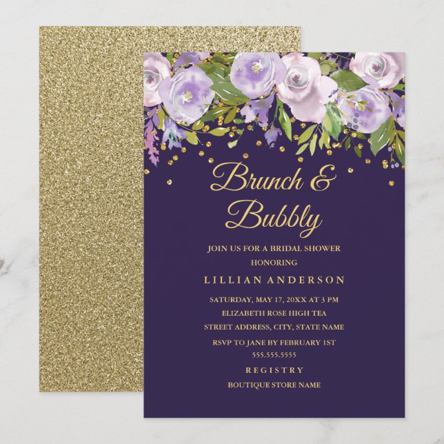 Sparkor Lila Goldbrunch und Bubbly Einladung (Vorne/Hinten)