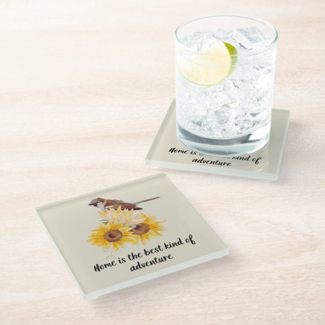Sparroe Bird & Floral mit Zitat-Untersetzer Glasuntersetzer (Schrägansicht)