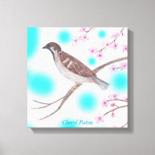 Sparrow in Cherry Blossom Tree Sky Wrapped Canvas Leinwanddruck