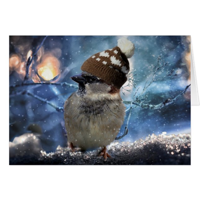 Sparrow in Snow Hat Weihnachtskarte (Vorderseite (Horizontal))