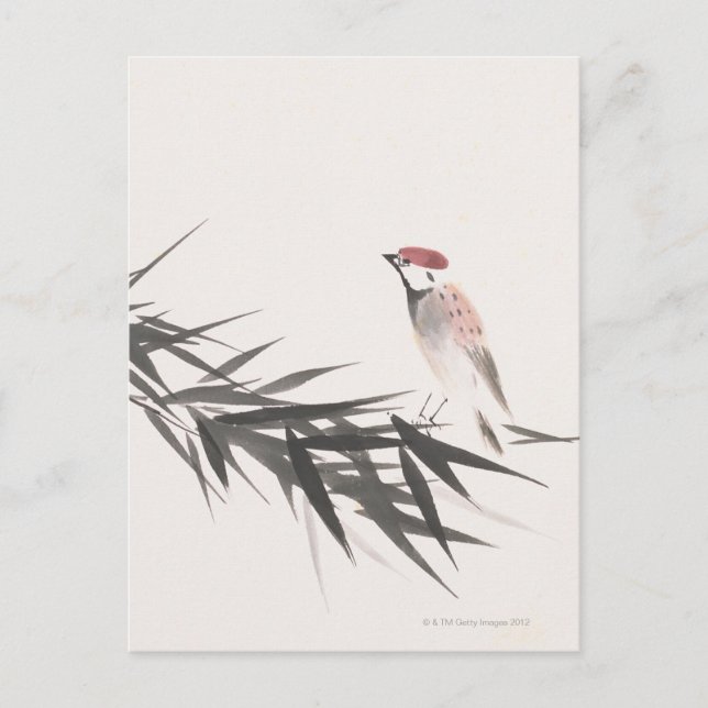 Sparrow- und Bamboo-Blätter Postkarte (Vorderseite)