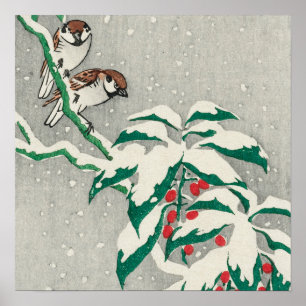 Sparrows auf Snowy Berry Bush von Ohara Koson Poster