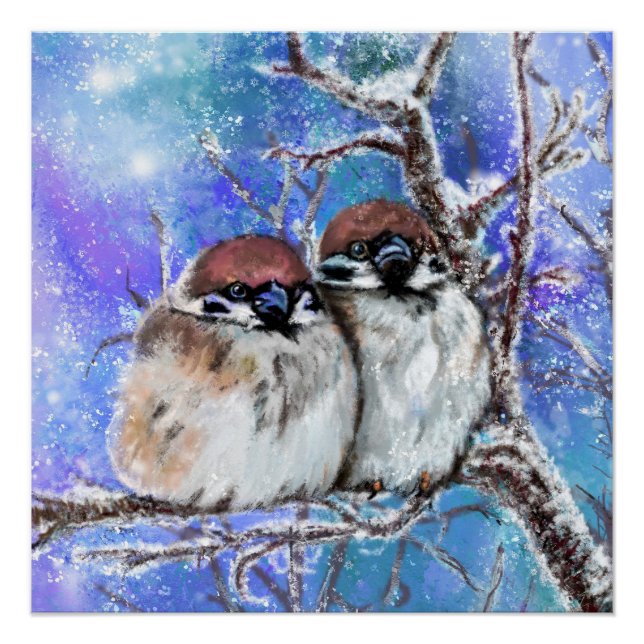 Sparrows Couple in Winter Poster - Malerei (Vorderseite)
