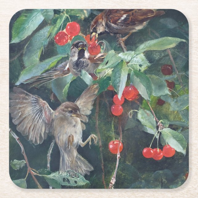 Sparrows in einem Kirschbaum, Bruno Liljefors Rechteckiger Pappuntersetzer (Vorderseite)