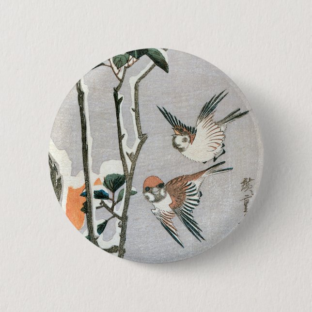 Sparrows und Kamelien in Snow von Ando Hiroshige Button (Vorderseite)