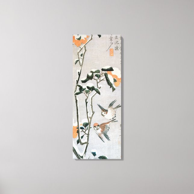 Sparrows und Kamelien in Snow von Ando Hiroshige Leinwanddruck (Vorderseite)