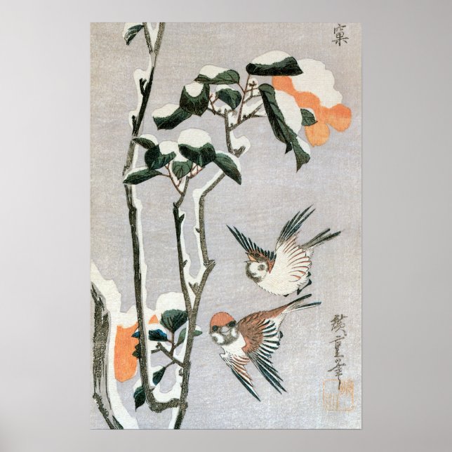 Sparrows und Kamelien in Snow von Ando Hiroshige Poster (Vorne)