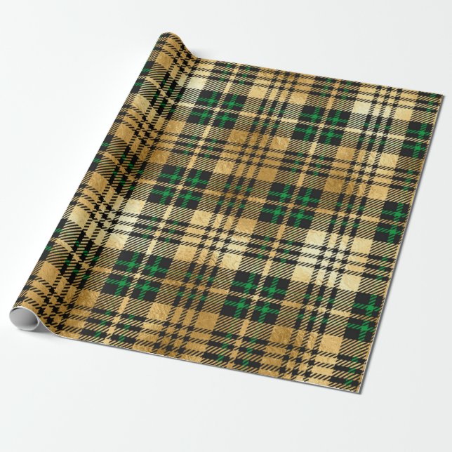 Spartan Kariert Dark Green und Imitats Gold Weihna Geschenkpapier (Ungerollt)