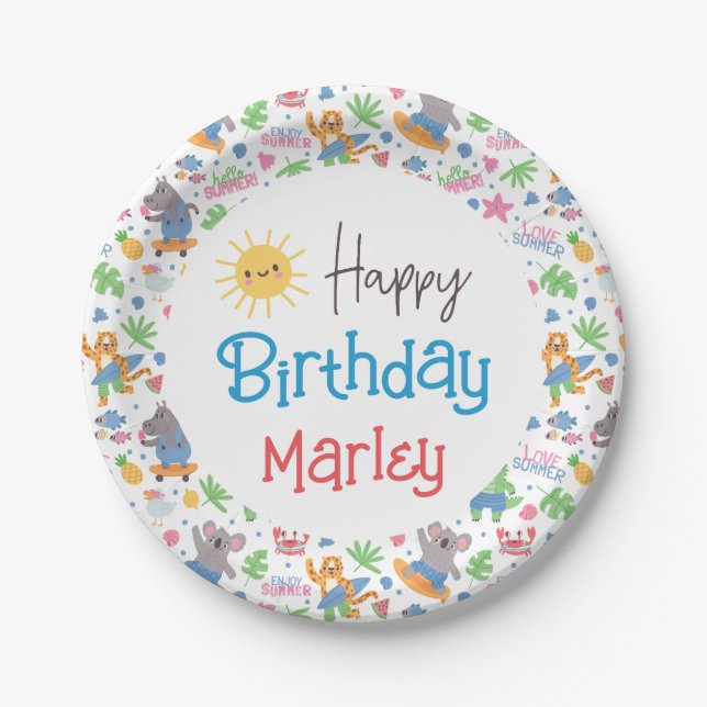 Spaß am Sonnenstrand Tierfreude zum Geburtstag Pappteller (Vorderseite)