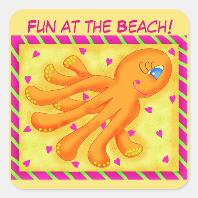 Spaß am Strand Whimsy Octopus Yellow Orange Quadratischer Aufkleber (Vorderseite)