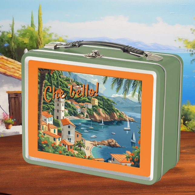 Spaß an der italienischen Küste Illustriert Retro Metall Brotdose (Lunch box featuring a colorful illustration of the Italian coast.)