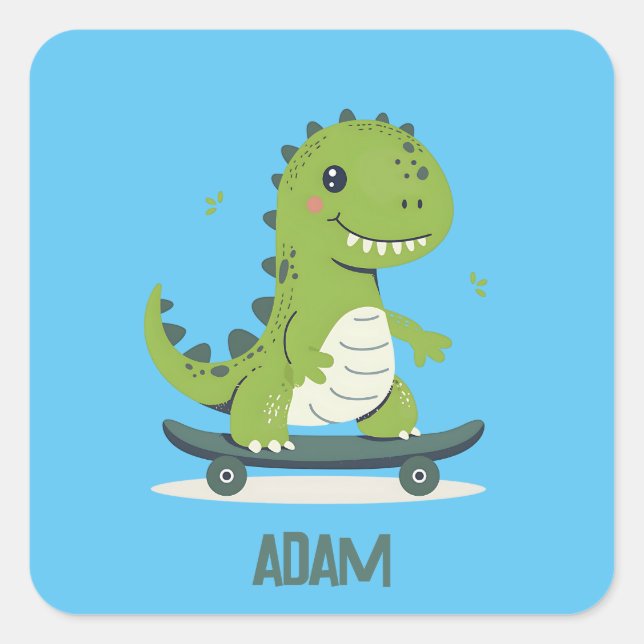 Spaß beim Skateboarden von Dinosauriern mit Kinder Quadratischer Aufkleber (Vorderseite)