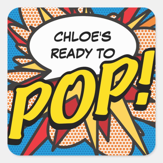 Spaß bereit zum POP! Comic Book Baby Dusche Sprink Quadratischer Aufkleber (Vorderseite)