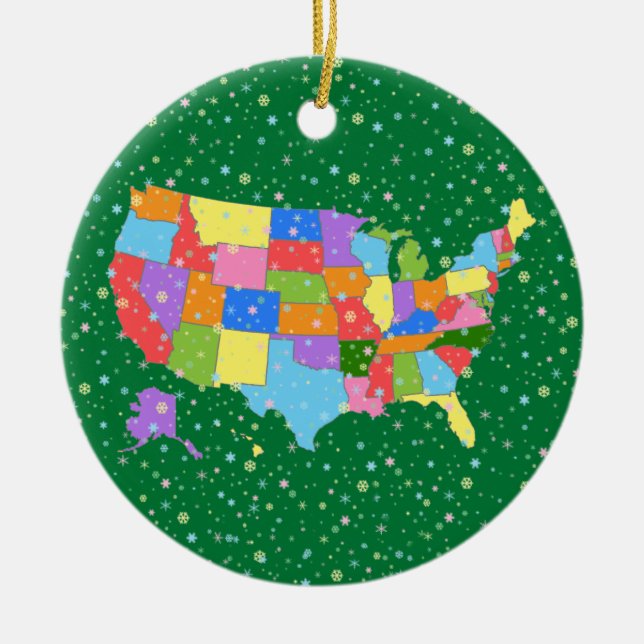 Spaß-bunte Pastellschneeflocken und Karte der USA Keramik Ornament (Vorne)