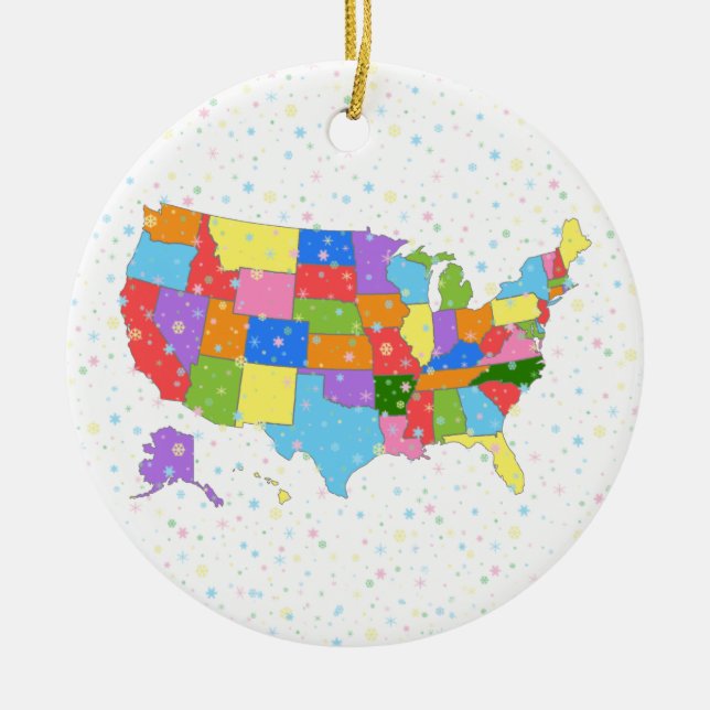 Spaß-bunte Pastellschneeflocken und Karte der USA Keramikornament (Vorne)