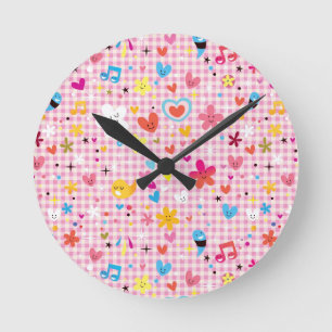 Spaß-Cartoon-Musterrosa Runde Wanduhr
