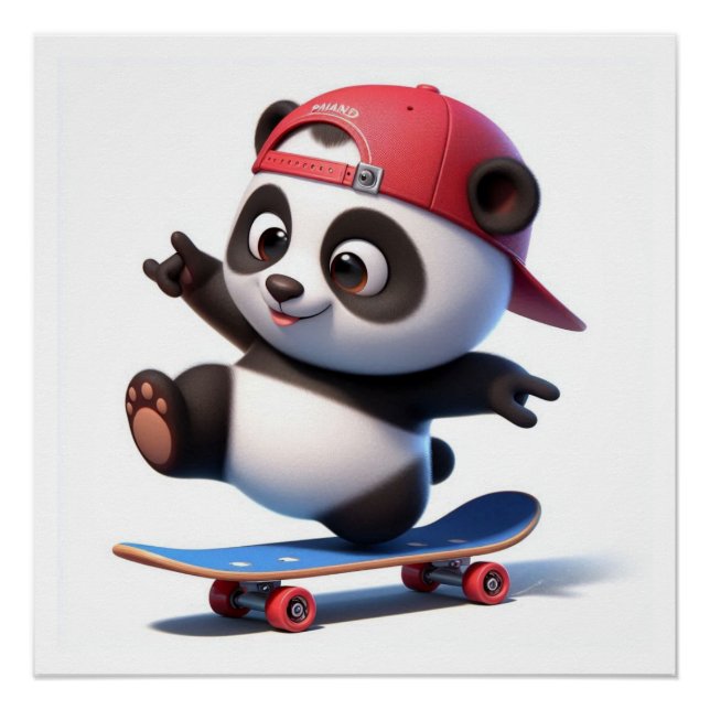 Spaß Cartoon Panda auf Skateboard Poster (Vorderseite)