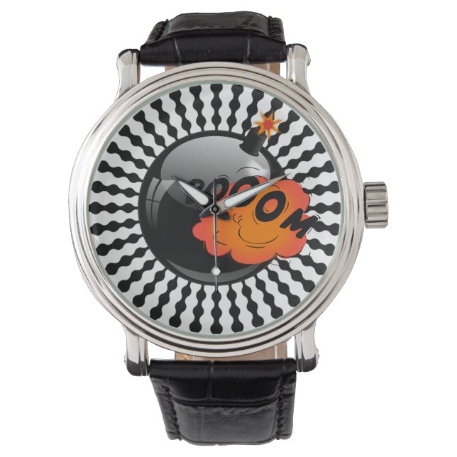 Spaß Cartoon-Style Bomb BOOM Op Art Armbanduhr (Vorderseite)