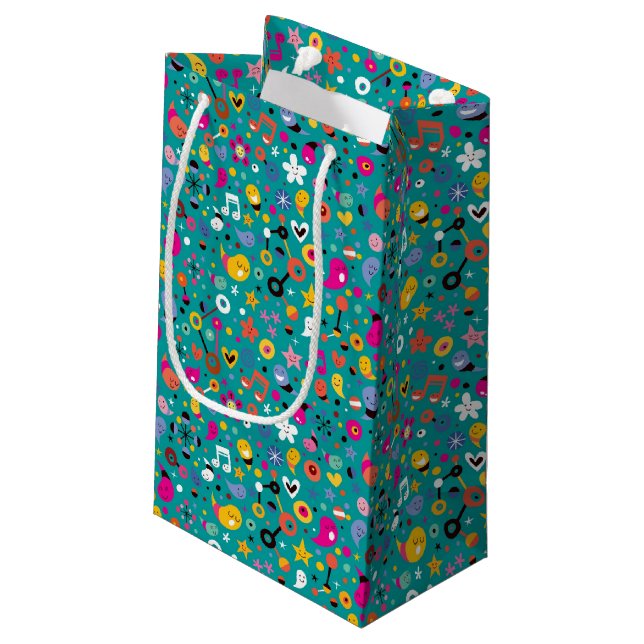 Spaß-Cartoonmuster aquamarin Kleine Geschenktüte (Rückseite Schrägansicht)