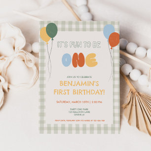Spaß dabei EINE Bunte Grüne Gingham 1. Geburtstag Einladung