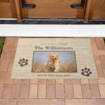 Spaß Dog Foto Custom Burlap Textur Willkommen