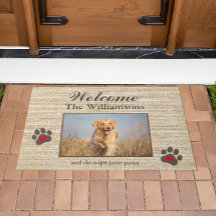 Spaß Dog Foto Custom Burlap Textur Willkommen